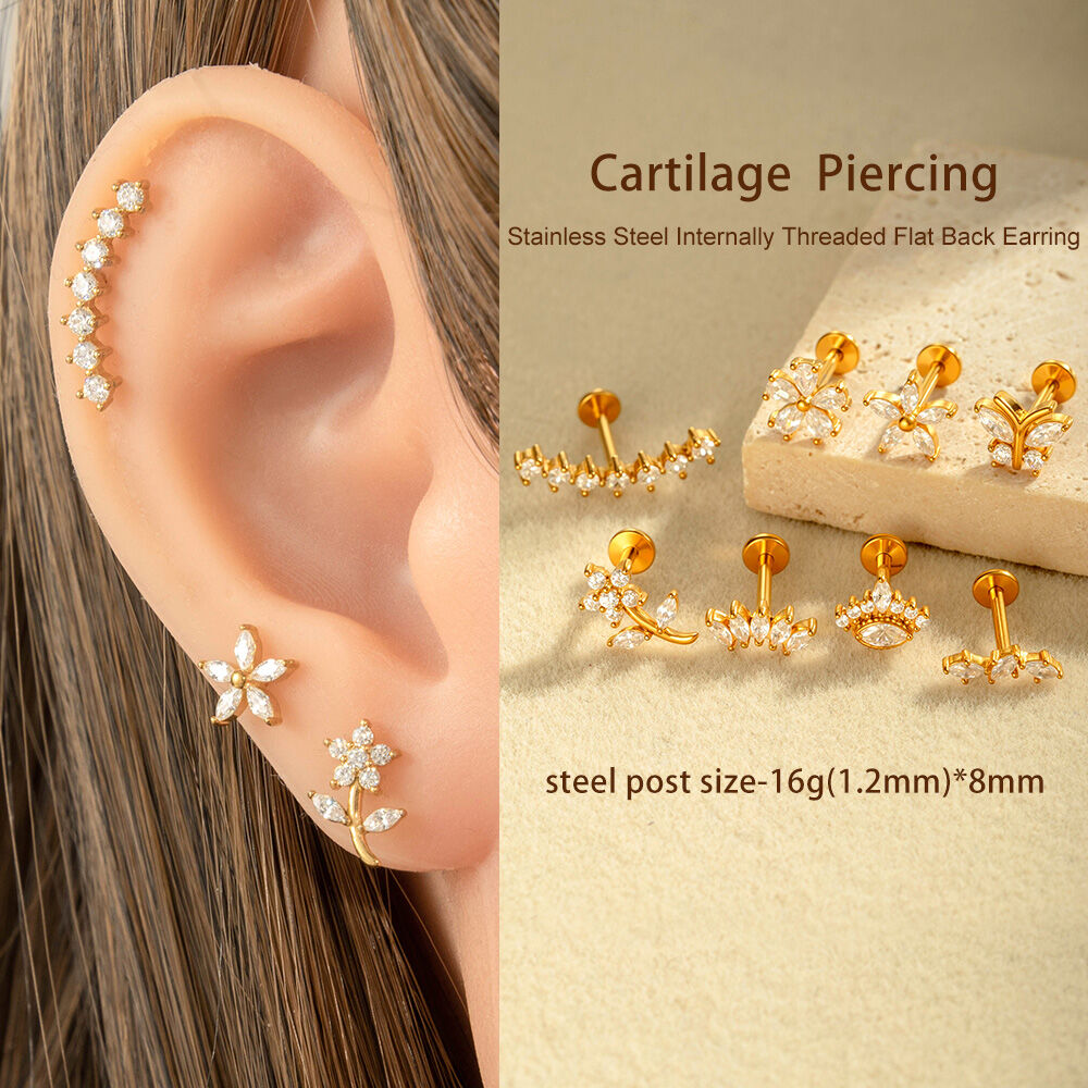 1 Piece Flower Stainless Steel Waterproof Gold Color Zircon Piercings Earrings h5 Picture4