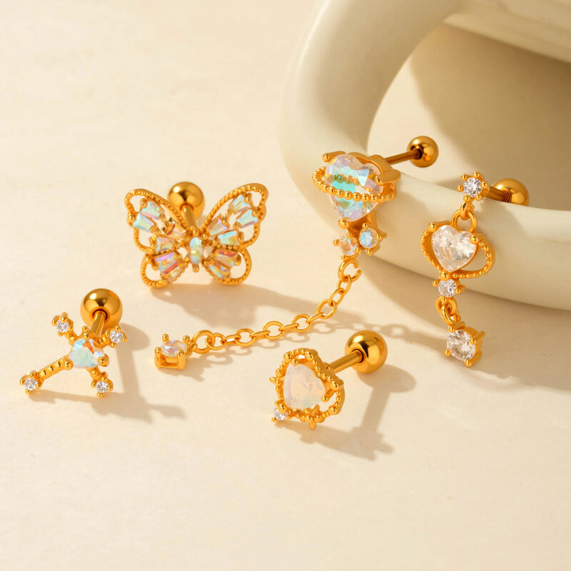 1 Adet Basit Seri Basit Kalp Bakır Altın Rengi Zirkonyum Kadın Piercing Küpe