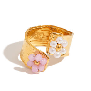 Romantic Flower Stainless Steel Waterproof Gold Color Statement Ring h5