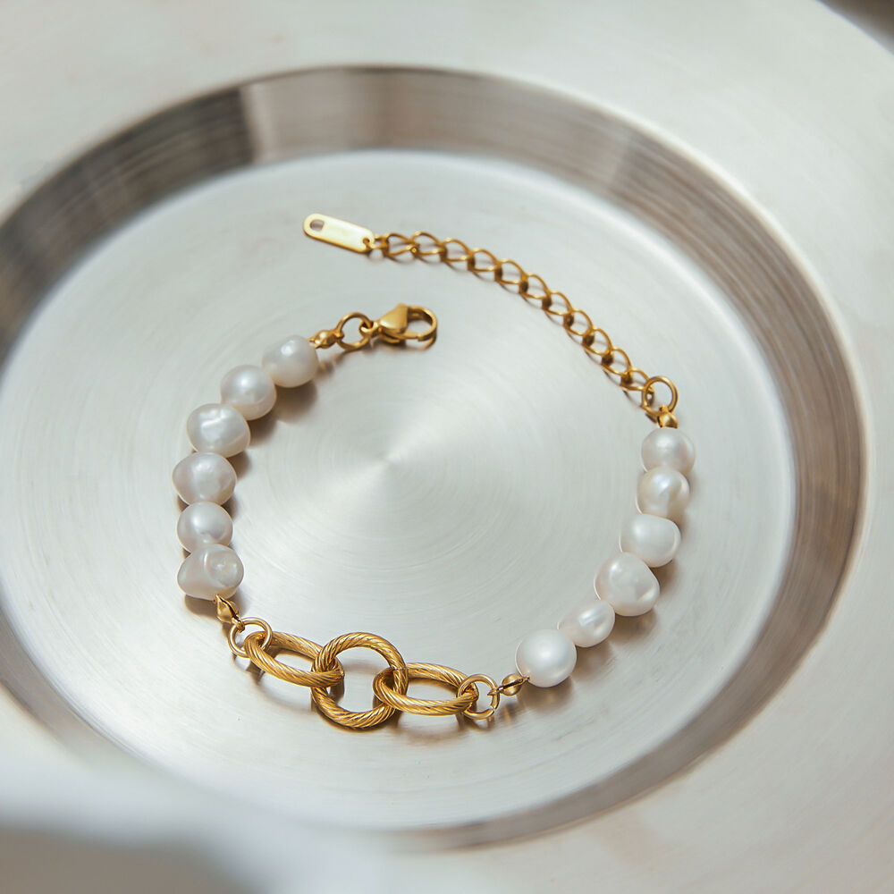 Elegant Stainless Steel Waterproof Gold Color Pearl Beaded Bracelet Picture4