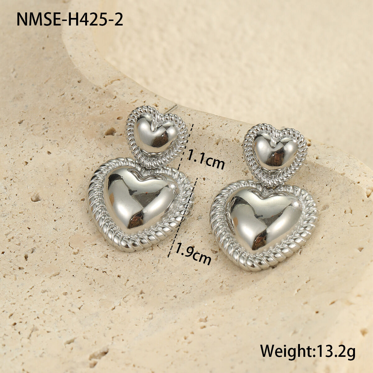 Boucles d'oreilles double cœur couleur acier NMSE-H425-2 Image4