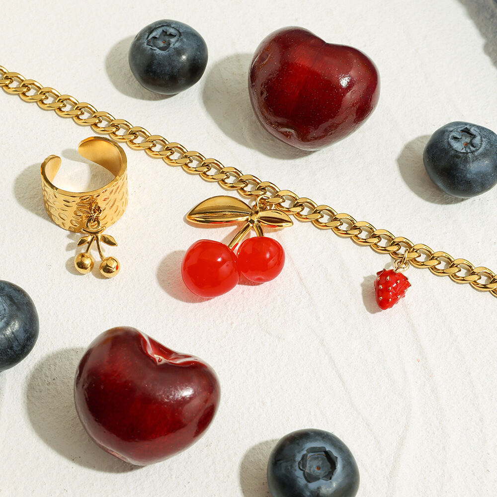 Sweet Cherry Stainless Steel Waterproof  Gold Color  Pendant Necklaces 2