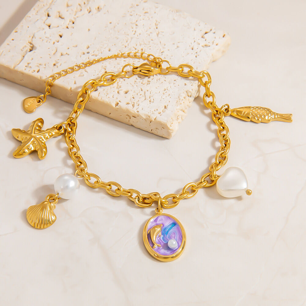 Vacation Turtle Stainless Steel Waterproof Gold Color Artificial Pearl Women's Charm Bracelets Picture4