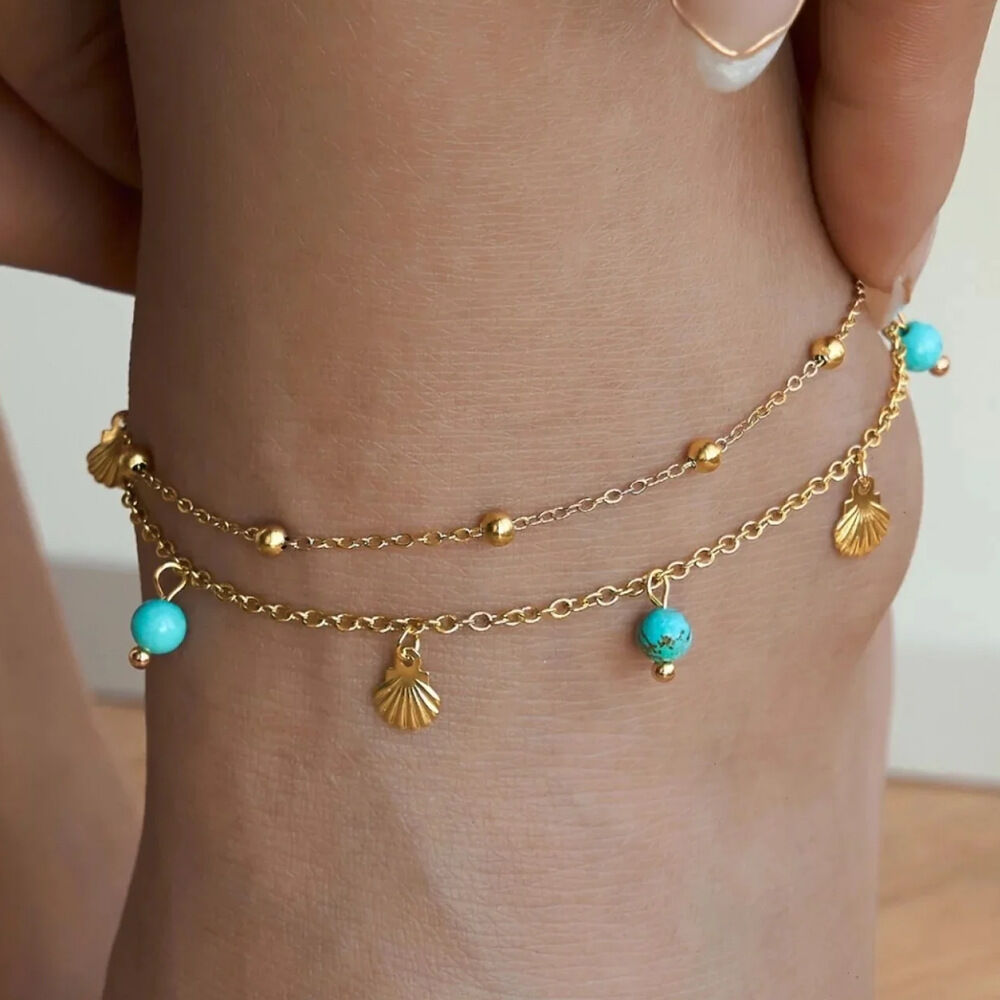 1 Pair Simple Series Bohemian Turtle Stainless Steel Waterproof Gold Color Artificial Gemstone Anklets h5Picture4