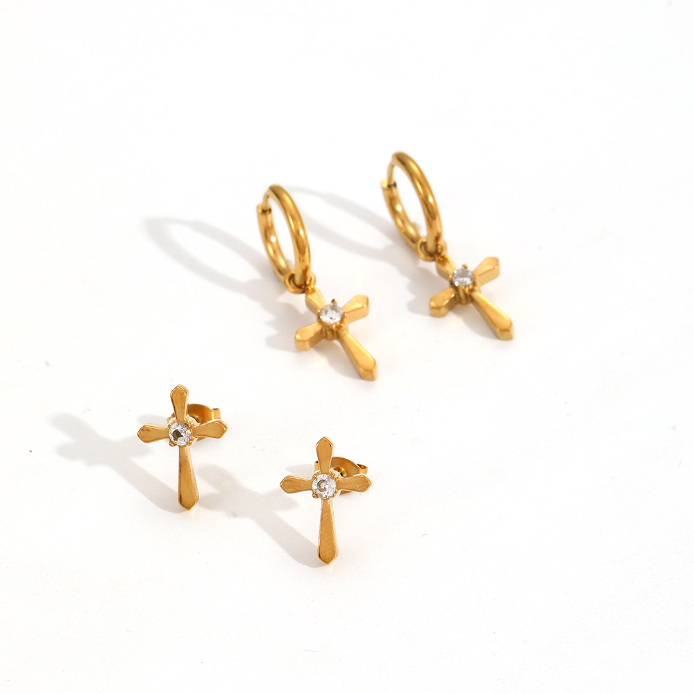 Cross Stainless Steel Waterproof Gold Color Stud Earrings h5 Picture5