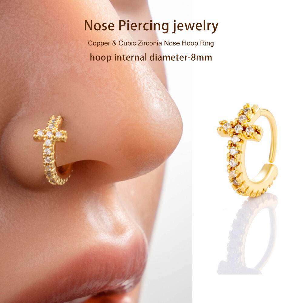 1 Piece Delicate Cross Copper Gold Color Zircon Women's Nose Stud h5 Picture6