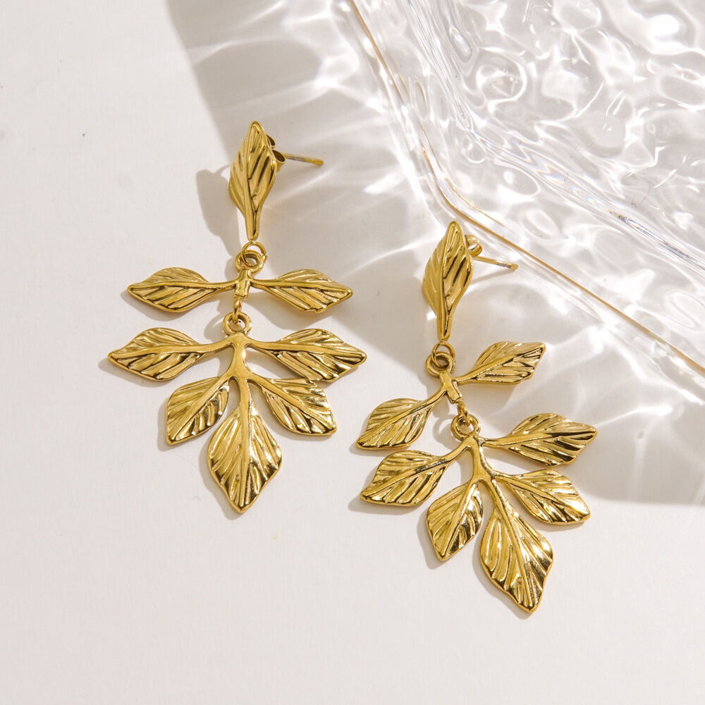 Stylish and Elegant Stainless Steel Waterproof Leaf-shaped Women's Dangle Earrings 2