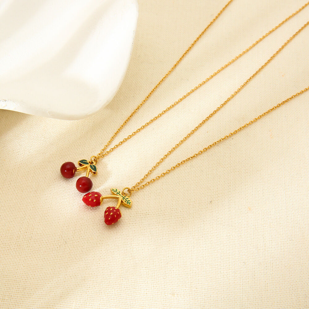 Romantic Series Sweet Cherry Stainless Steel Waterproof  Gold Color  Women's Pendant Necklaces 2