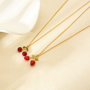 Romantic Series Sweet Cherry Stainless Steel Waterproof Gold Color Women's Pendant Necklaces h5 Picture2