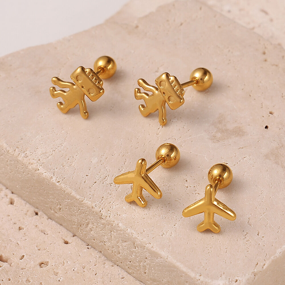 Cute Robot Stainless Steel Waterproof Gold Color Piercing Earrings h5 Picture2