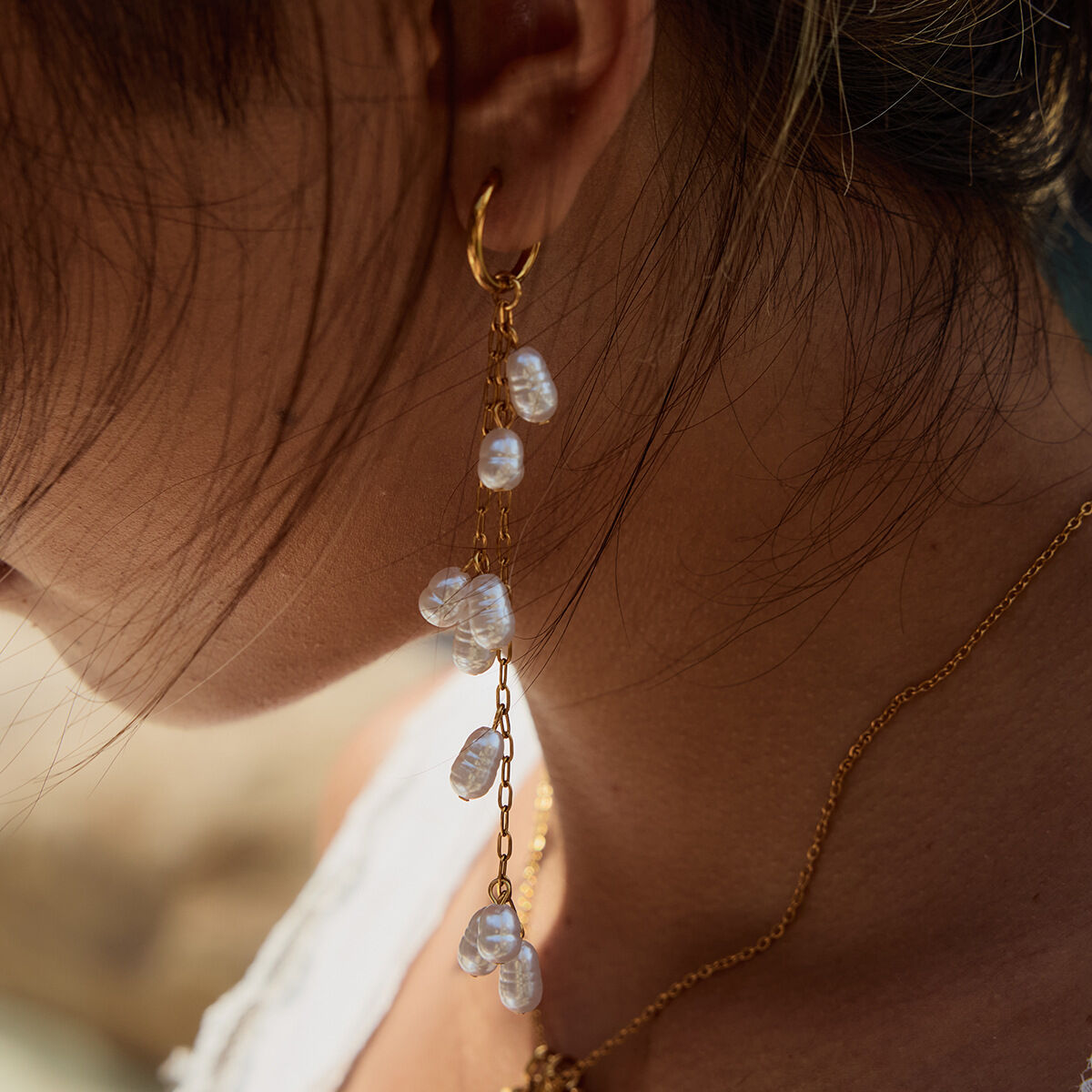 Elegant Tassel Stainless Steel Waterproof  Gold Color  Beads Earrings