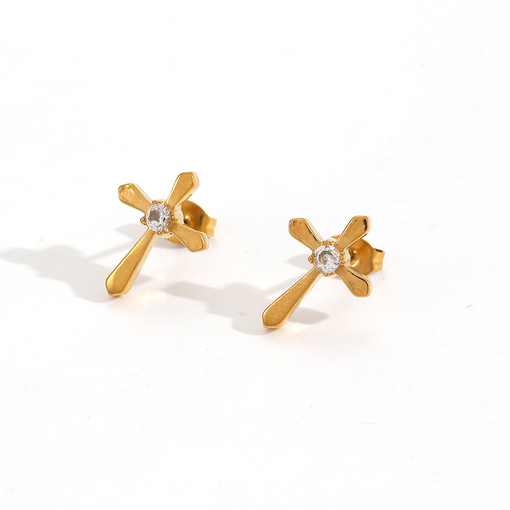 Cross Stainless Steel Waterproof Gold Color Stud Earrings h5 