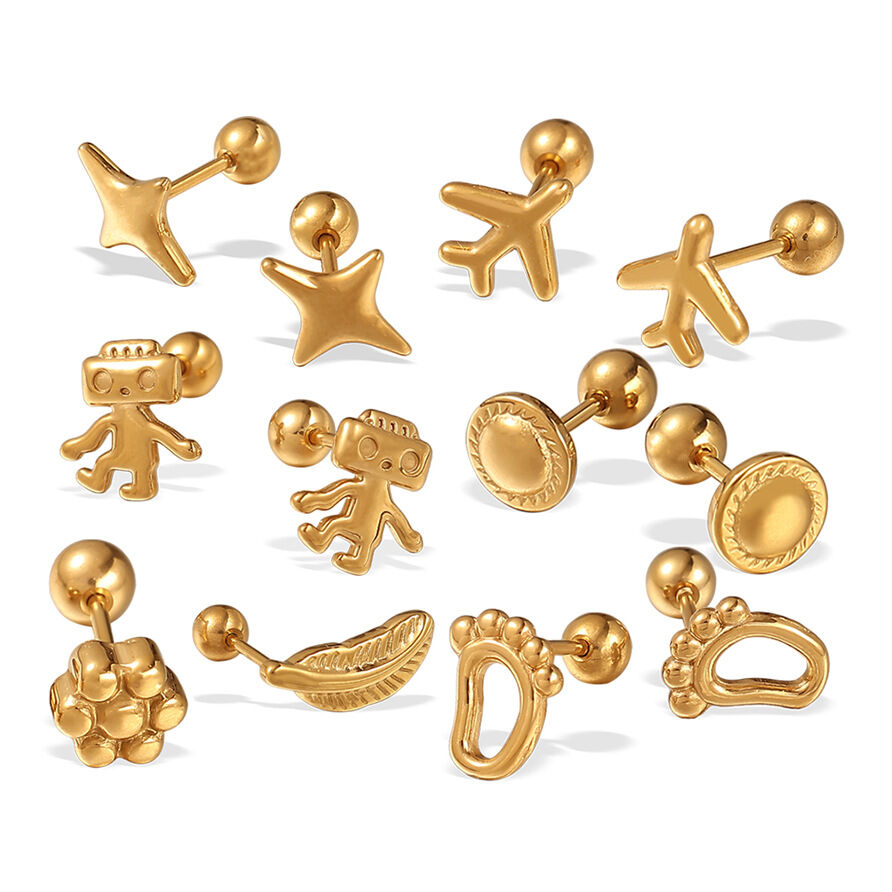 Cute Robot Stainless Steel Waterproof Gold Color Piercing Earrings h5 Picture5