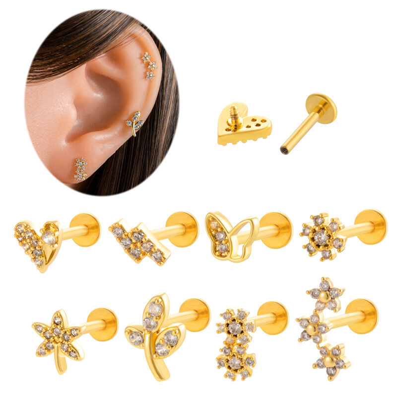 1 Adet Basit Seri Basit Kalp Bakır Altın Rengi Zirkonyum Kadın Piercing Küpe h5 Resim3