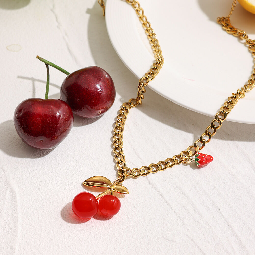 Sweet Cherry Stainless Steel Waterproof  Gold Color  Pendant Necklaces