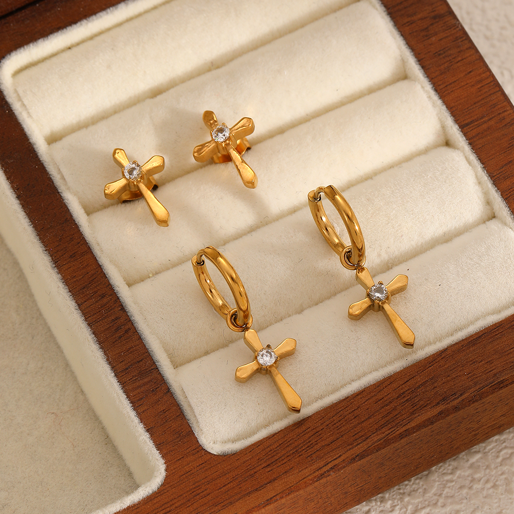 Cross Stainless Steel Waterproof Gold Color Stud Earrings Picture4