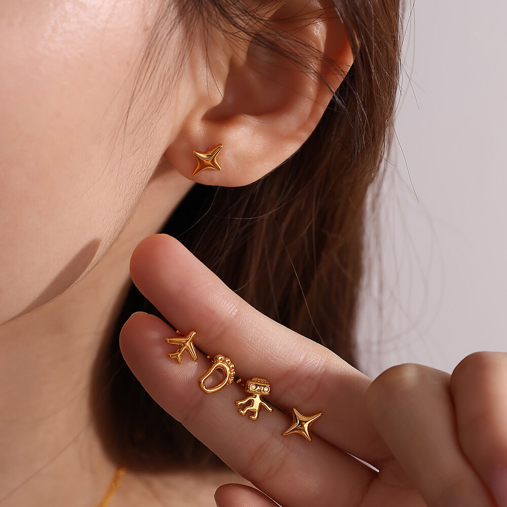 Cute Robot Stainless Steel Waterproof Gold Color Piercing Earrings h5 Picture4