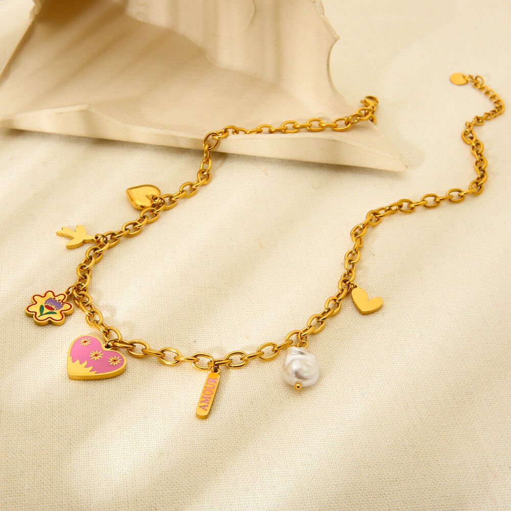 Pink Color Heart Pendant DIY Stainless Steel Waterproof Women's Necklace Picture2