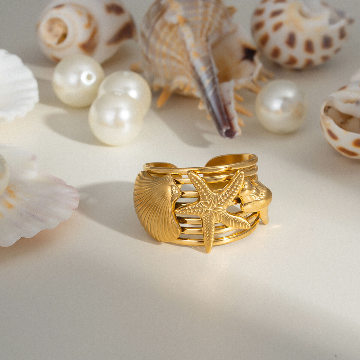 1 Piece Starfish Stainless Steel Waterproof Gold Color Statement Ring h5 Picture3