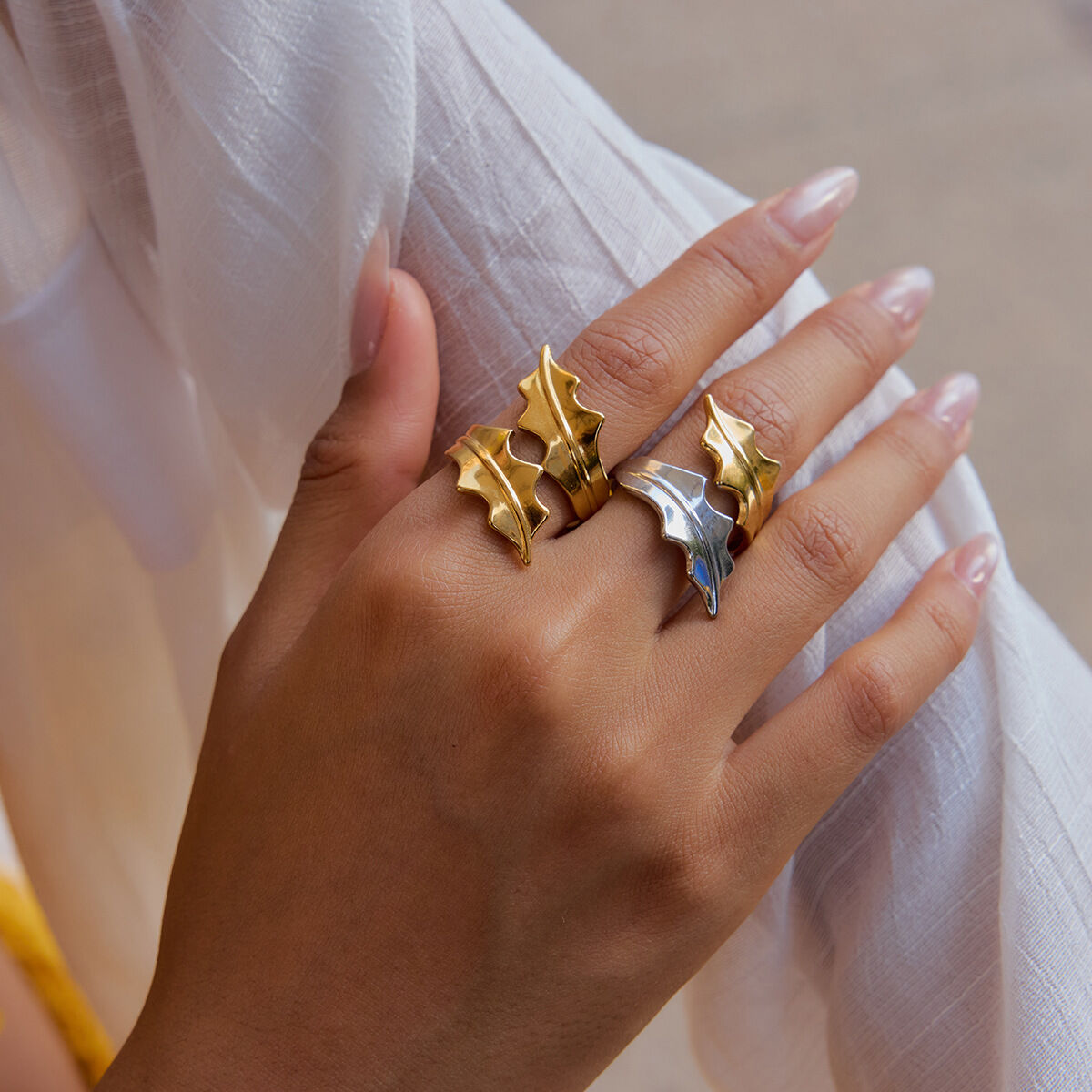 1 Piece Designable Series Natural Leaf Stainless Steel Waterproof Gold Color Statement Rings