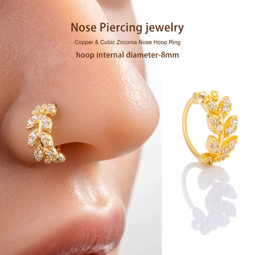 1 Piece Leaf Copper Gold Color Zircon Women's Nose Stud h5 Picture5