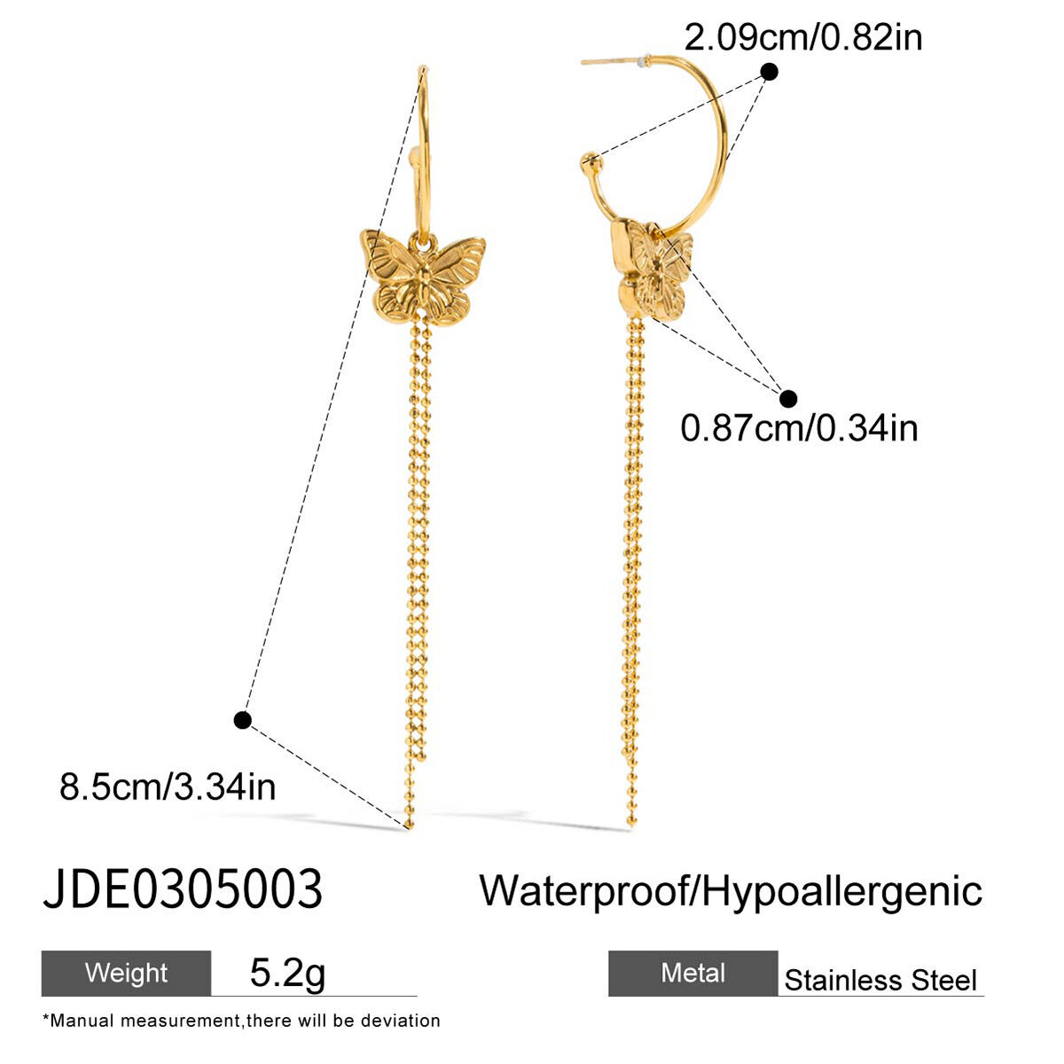 1 Paar romantische Ohrhänger mit süßen Schmetterlingsquasten aus wasserfestem Edelstahl in Goldfarbe h5 Bild2