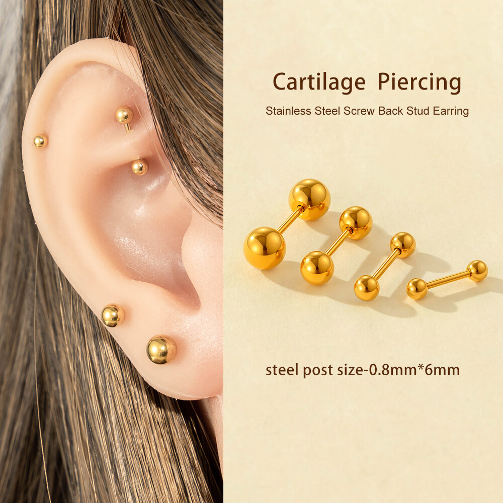 1 par de pendientes de piercing esféricos sencillos de acero inoxidable, resistentes al agua, color dorado, para mujer h5Imagen5