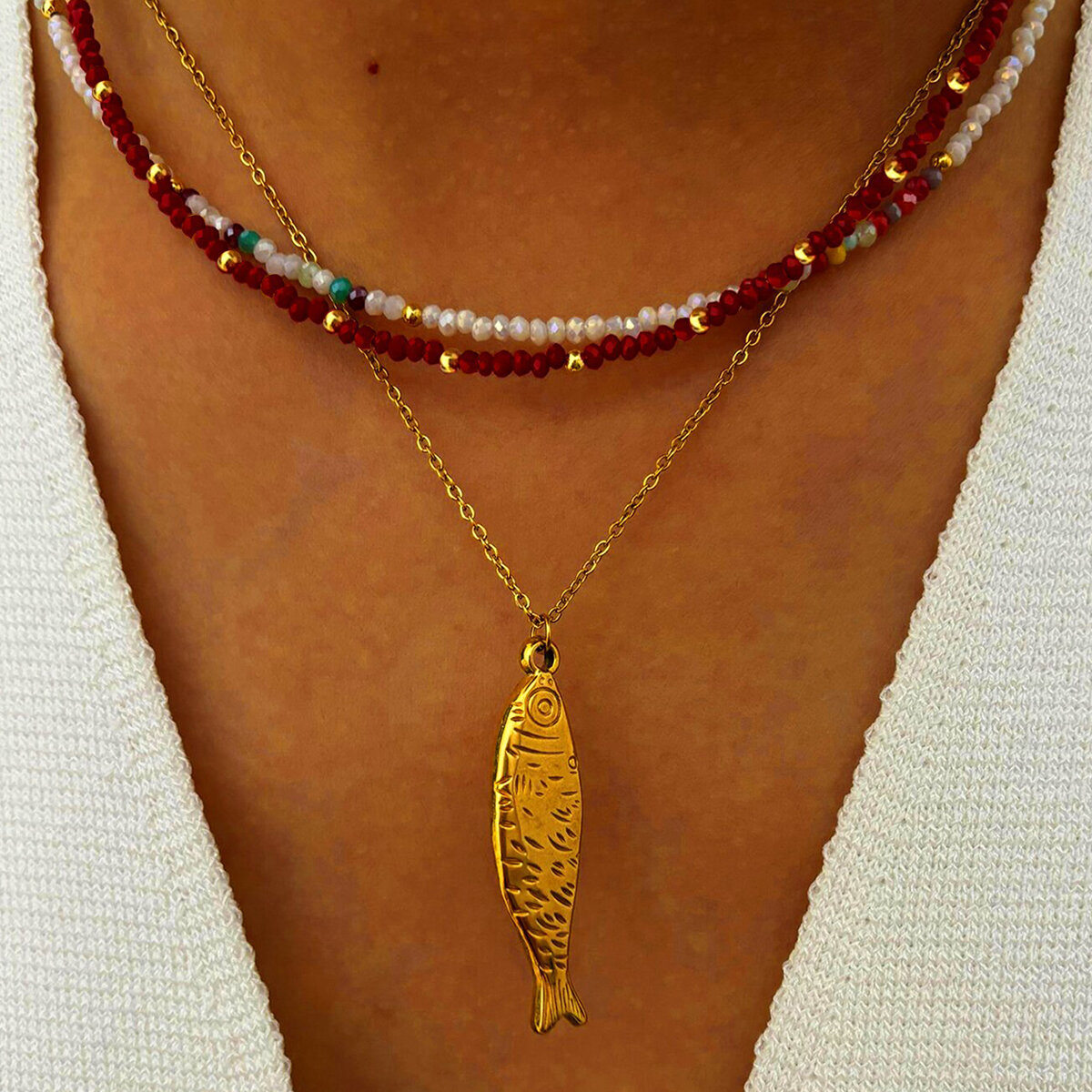 Collana con ciondolo a forma di pesce color oro impermeabile in acciaio inossidabile da 1 pezzo