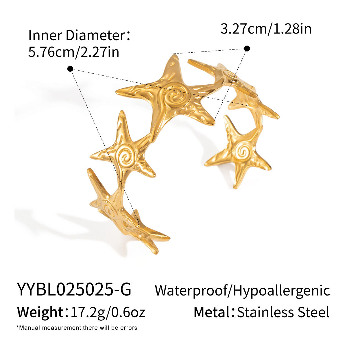 1 Piece Starfish Stainless Steel Waterproof Gold Color Cuff Bracelet 