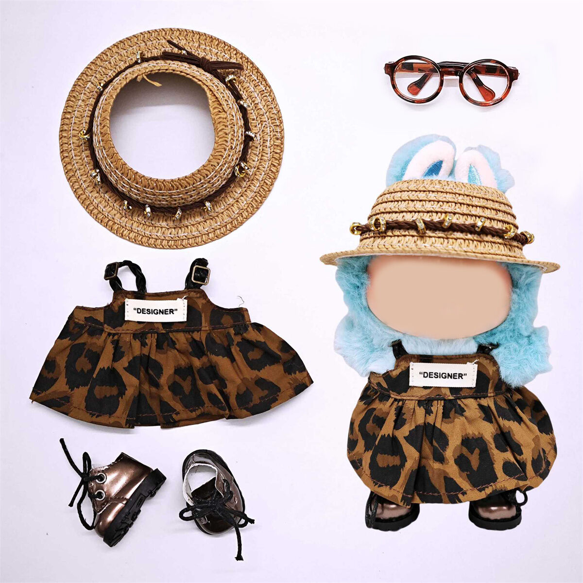 Overall mit Leopardenmuster + Strohhut + Brille mit Leopardenmuster + braune Lederschuhe [Puppe nicht enthalten] Bild3