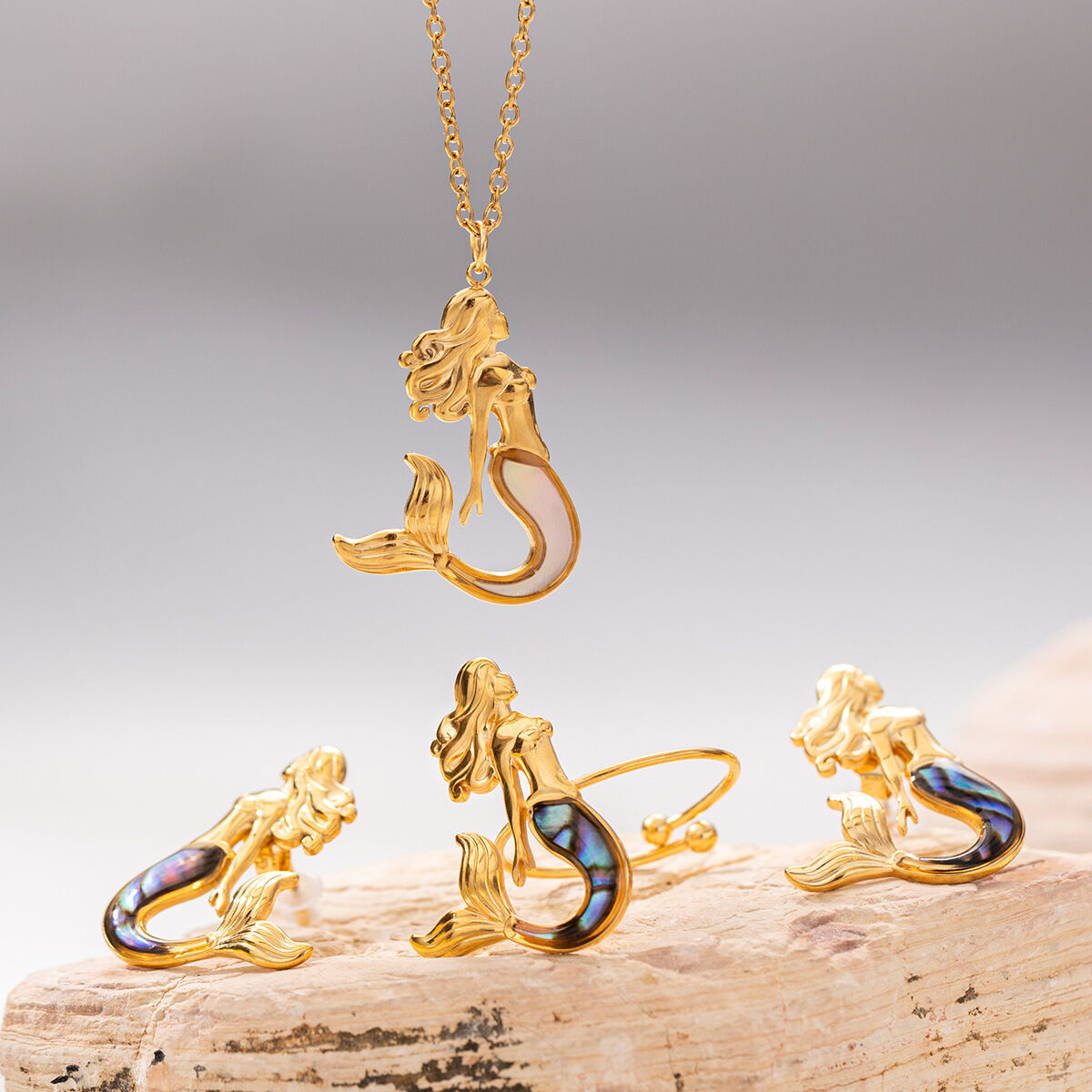 Mermaid Stainless Steel Waterproof Gold Color Earring Set