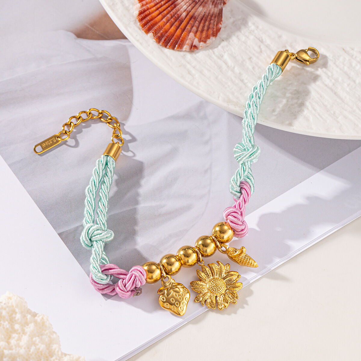 1 Piece Oceanic Stainless Steel Waterproof Gold Color Shell Braided Bracelets Picture4