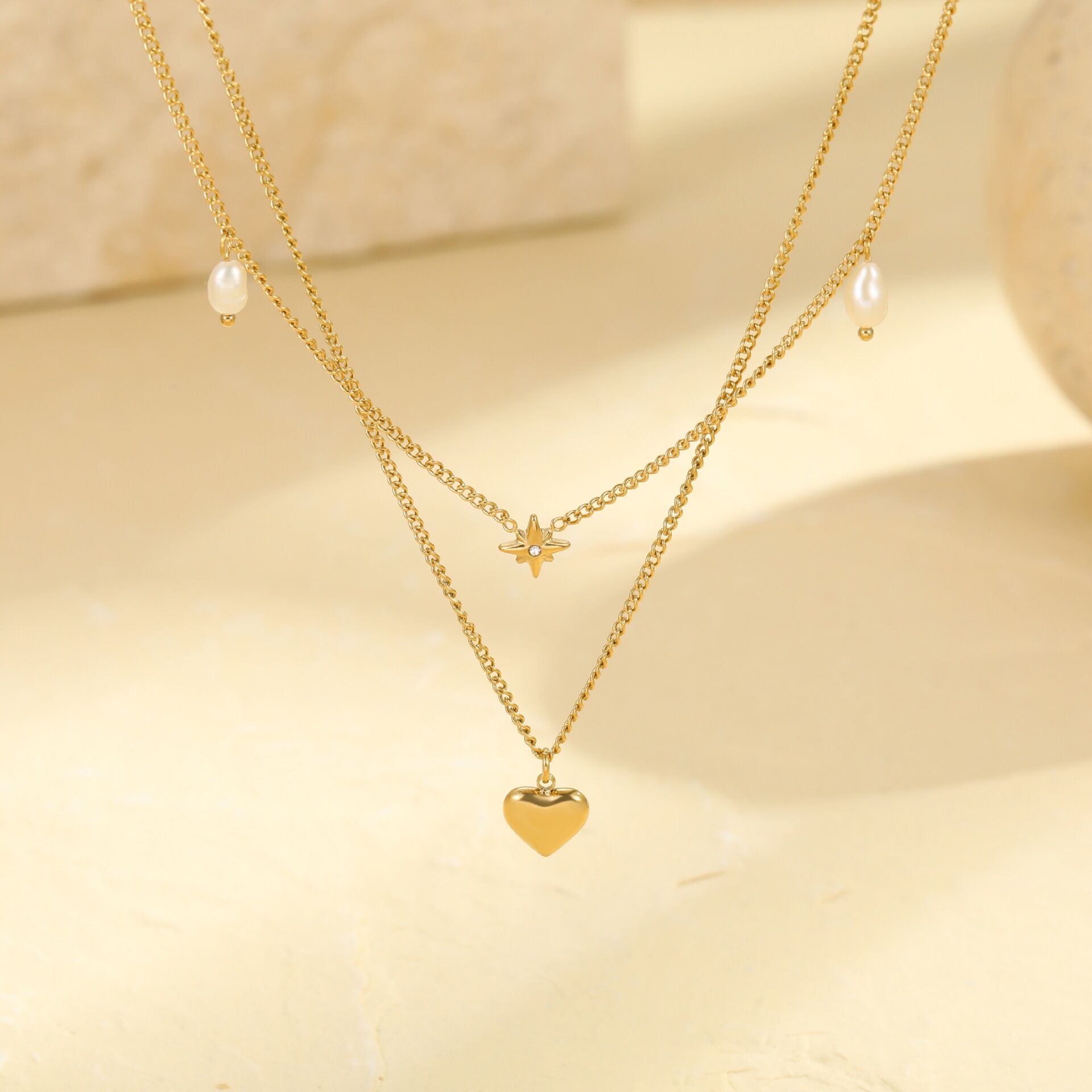 Simple Series Daily Heart Stainless Steel Waterproof Gold Color Women's Layered Necklaces 2