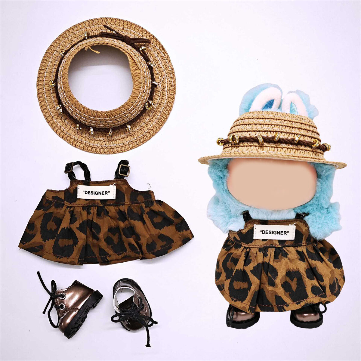 Overall mit Leopardenmuster + Strohhut + braune Lederschuhe [Puppe nicht enthalten] Bild2