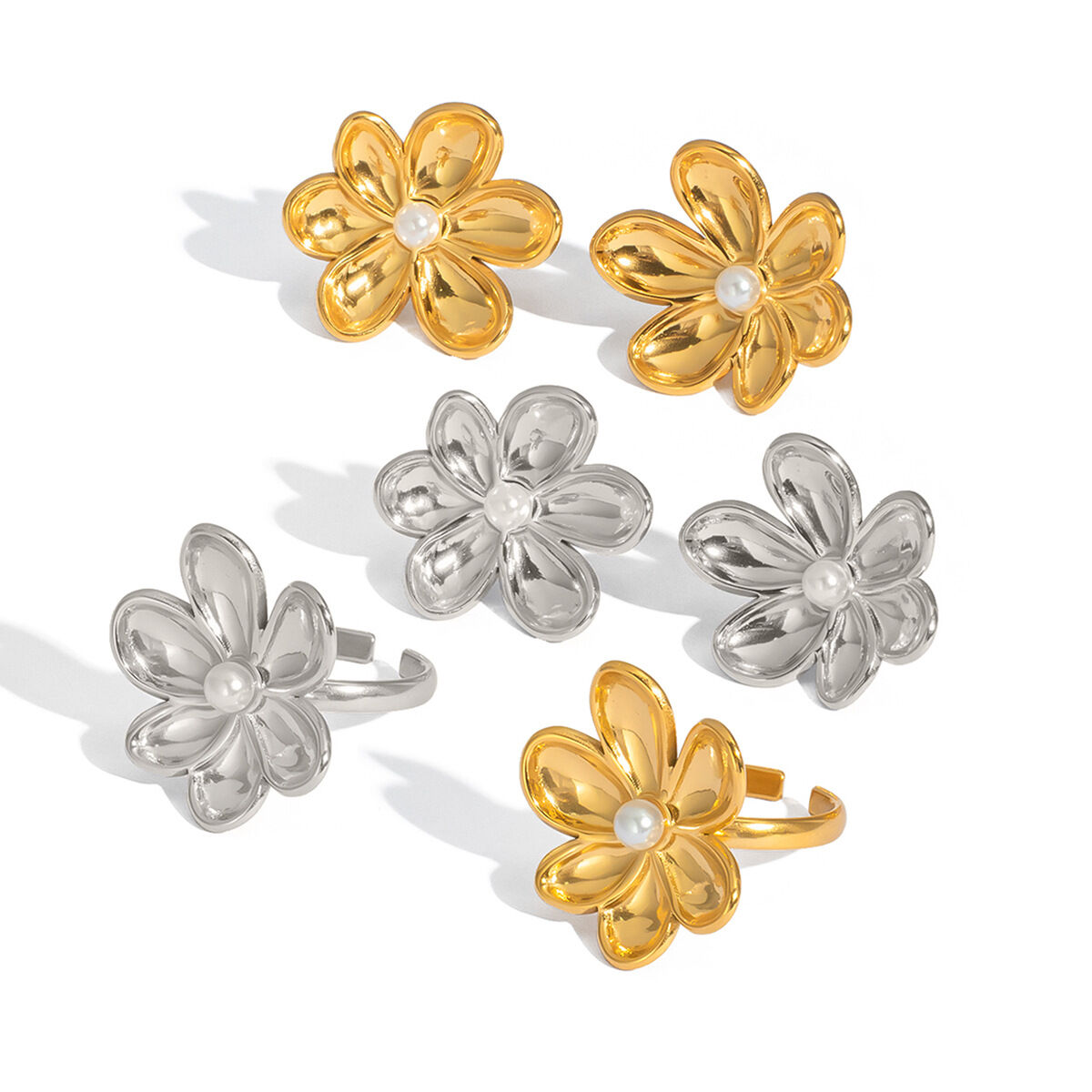 Sweet Flower Stainless Steel Waterproof Gold Color Earring Sets Picture5