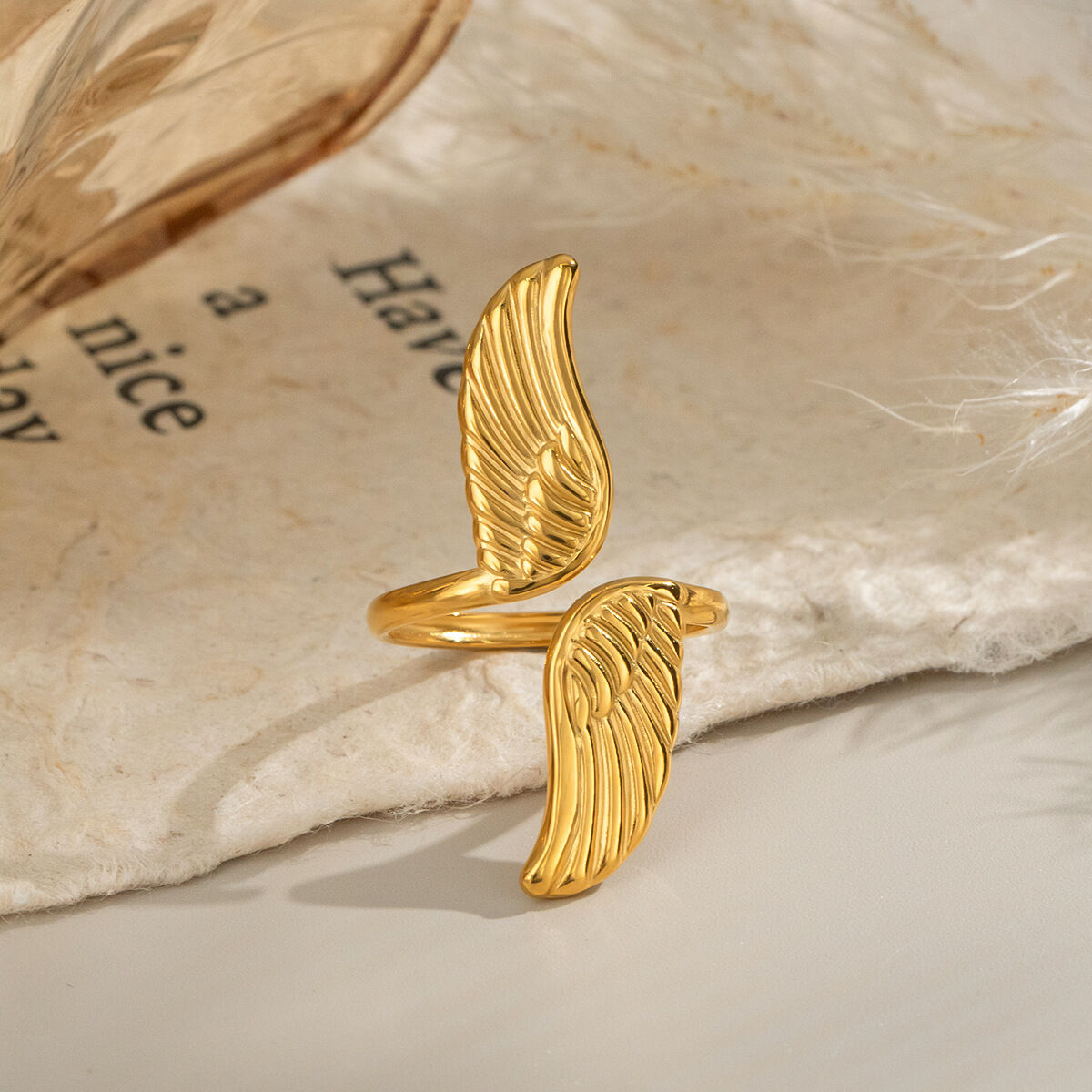 1 Piece Wings Stainless Steel Waterproof Gold Color Statement Ring 2