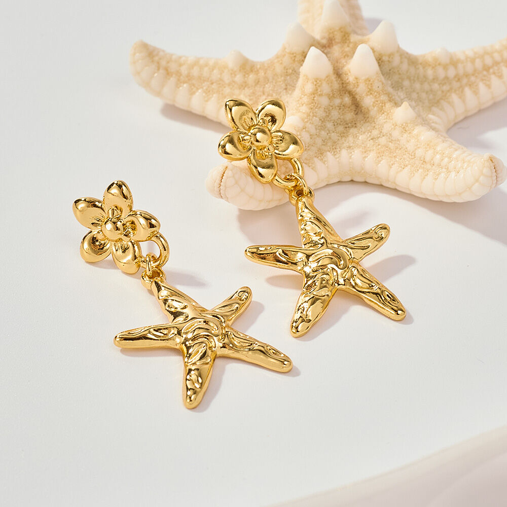1 paio di orecchini pendenti da donna in acciaio inossidabile a forma di stella marina, impermeabili, color oro h5 Immagine6