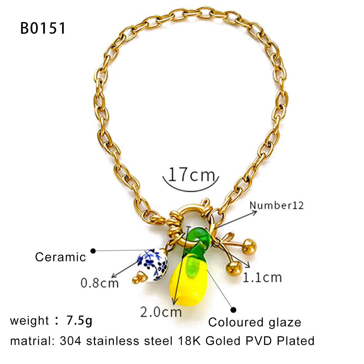 1 Piece Lemon Stainless Steel Waterproof Gold Color Charm Bracelet Picture2
