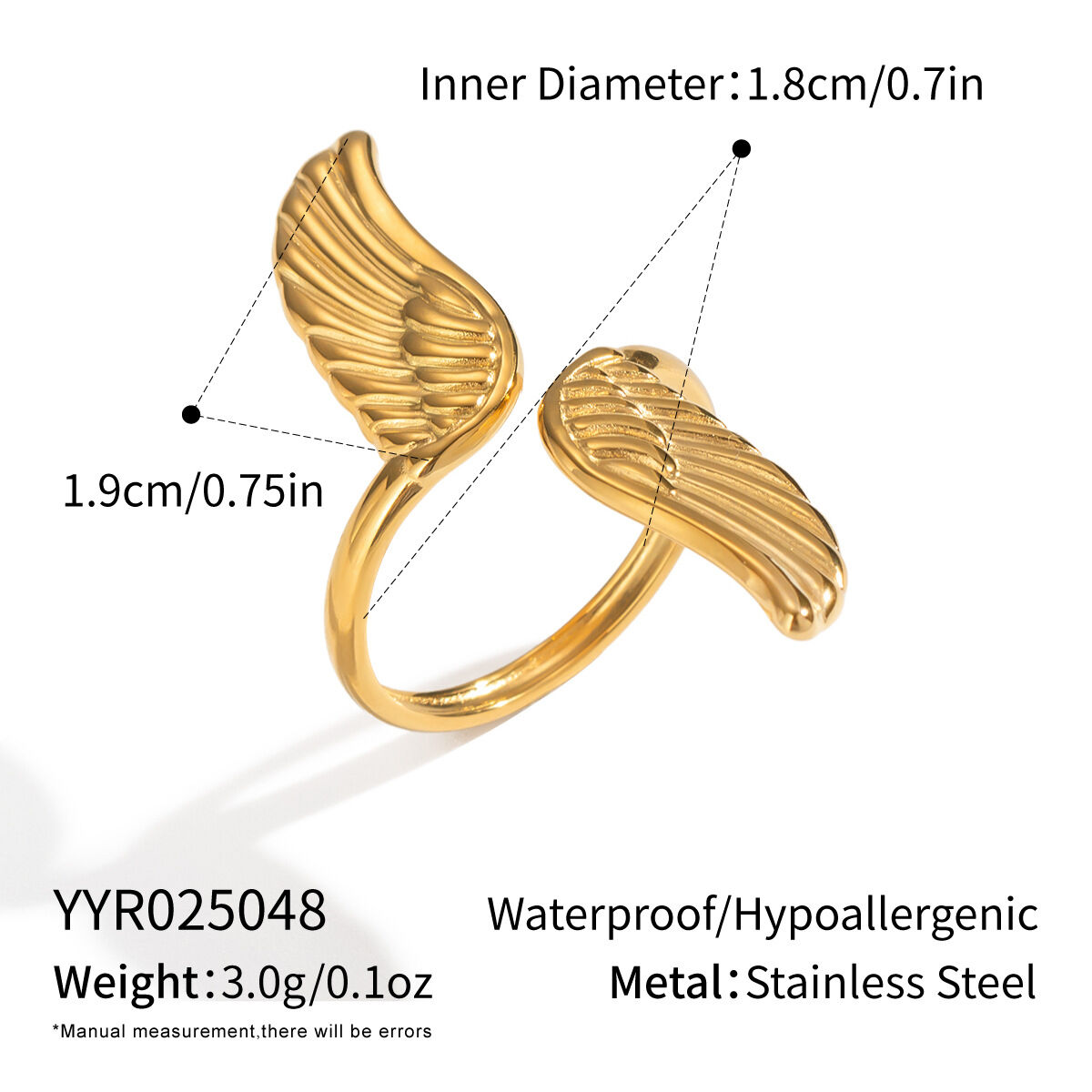 1-teiliger Statement-Ring aus Edelstahl in Goldfarbe mit Flügelmotiv, wasserdicht 