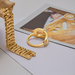 1 Pair Elegant Pin Shape Stainless Steel Waterproof Gold Color Women's Gemstone Rings h5 Picture7
