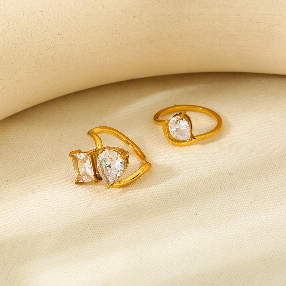 Luxurious Series Elegant Geometric Stainless Steel Waterproof Gold Color  Zircon Ring Sets Picture4