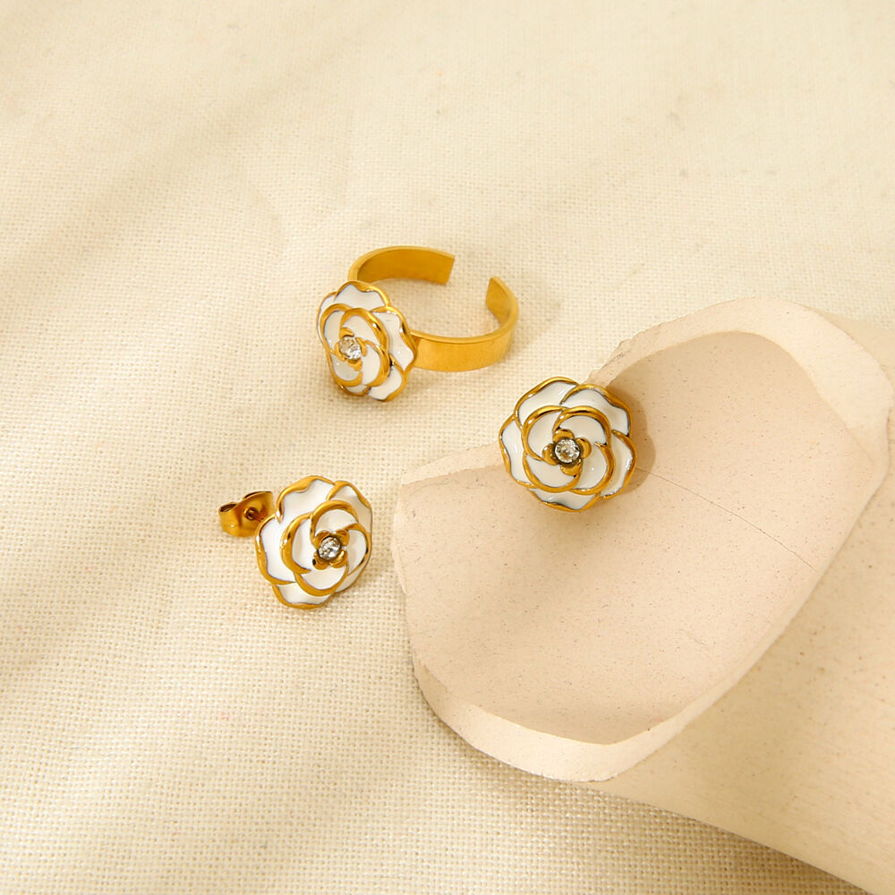 Luxurious Elegant Flower Stainless Steel Waterproof Gold Color Stud Earrings h5Picture3