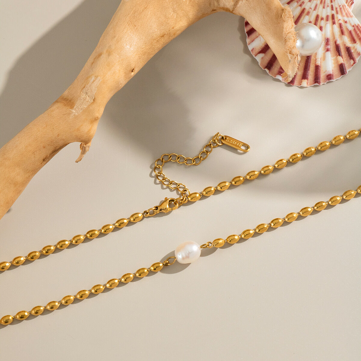 1 Piece Stainless Steel Waterproof Gold Color Beaded Necklace h5 Picture4