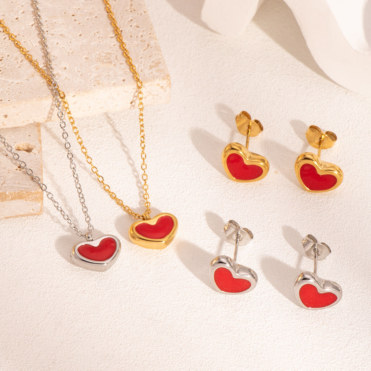 Romantic Heart Stainless Steel Waterproof Gold Color Earring Sets 2