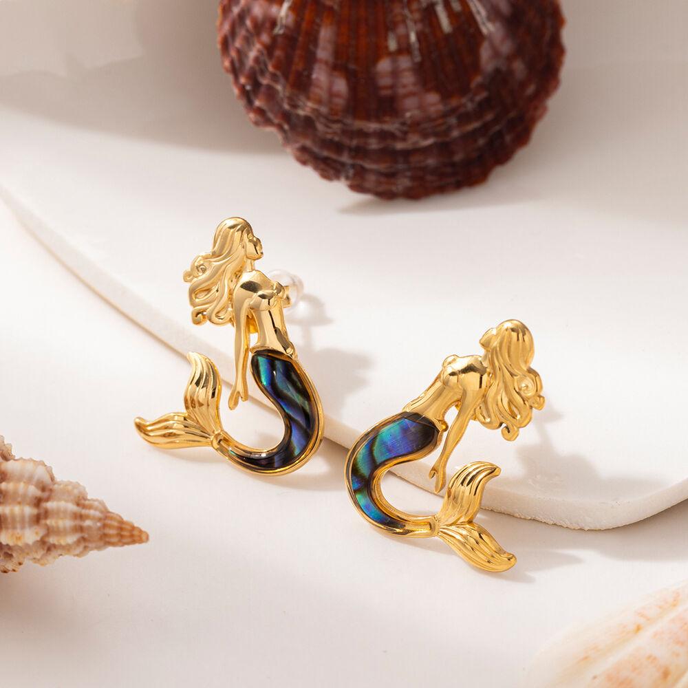 Mermaid Stainless Steel Waterproof Gold Color Earring Set h5Picture4
