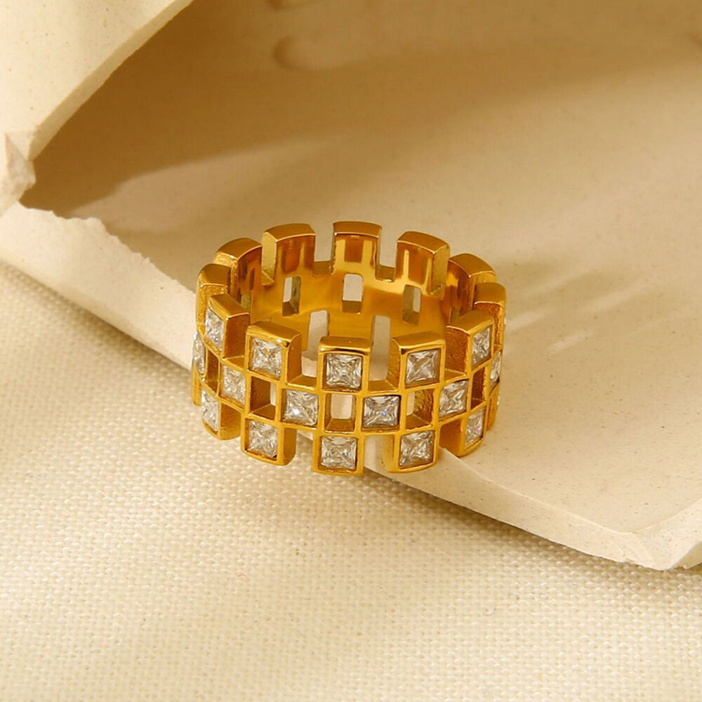 Luxe serie elegante geometrische roestvrijstalen zirkonia statement ringen Afbeelding3