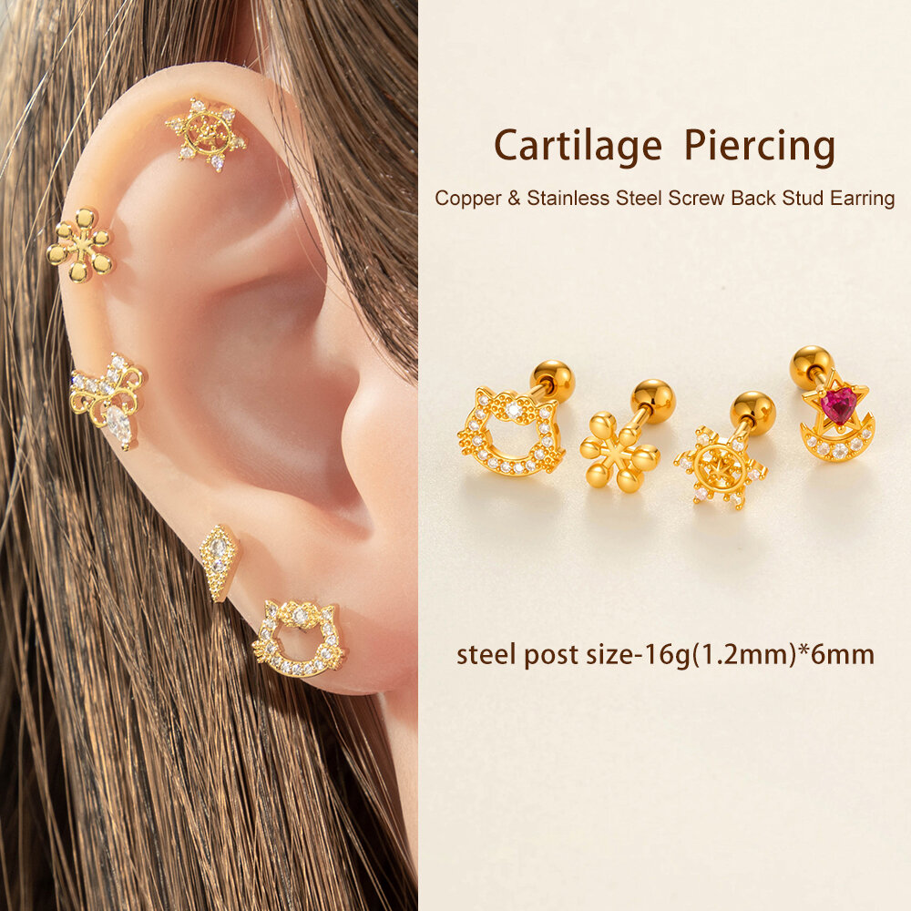1 Piece Cat Shape Copper Gold Color Zircon Women's Piercings Earrings h5 Picture5