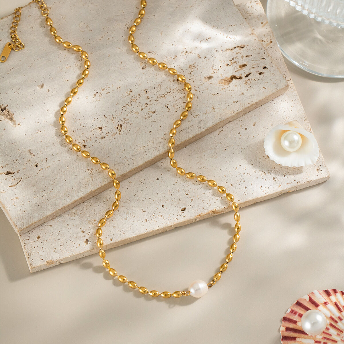 1 Piece Stainless Steel Waterproof Gold Color Beaded Necklace 2
