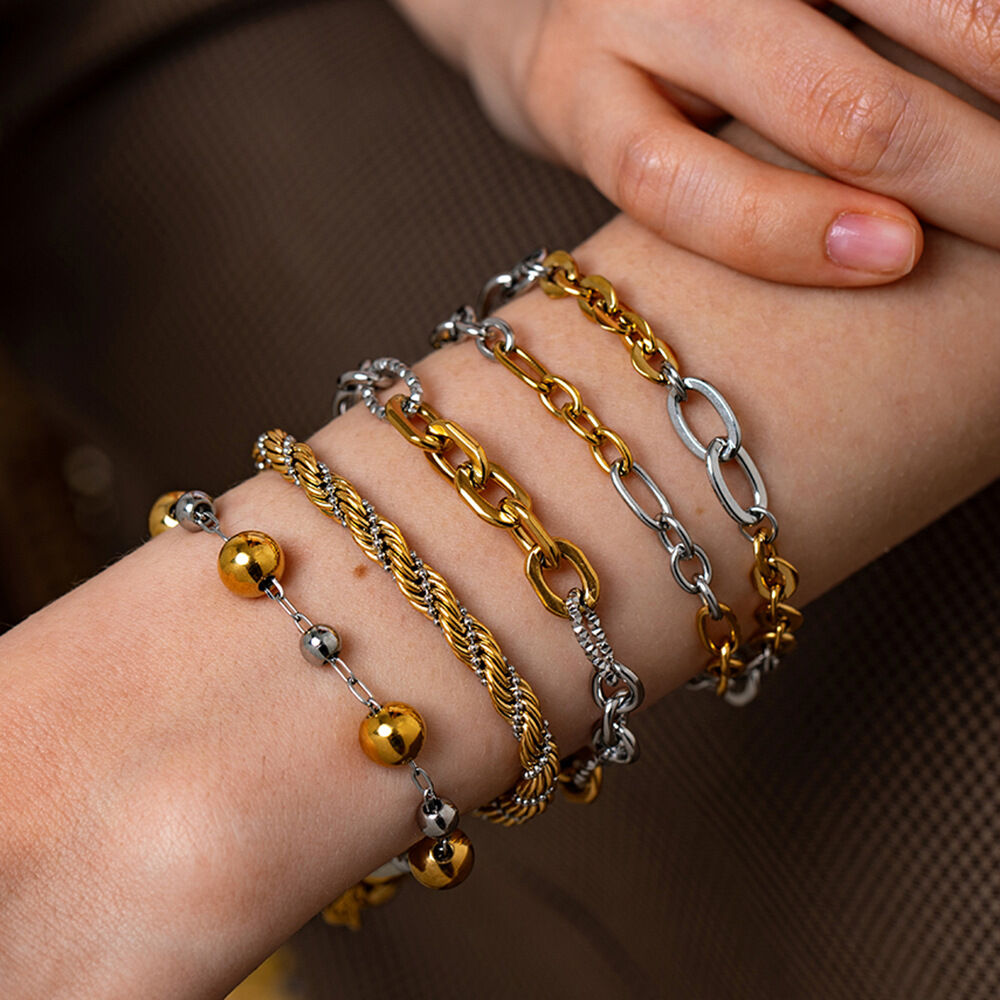 Pulseras de mujer de acero inoxidable, resistentes al agua, de color dorado, con cadena diaria de serie sencilla Imagen3
