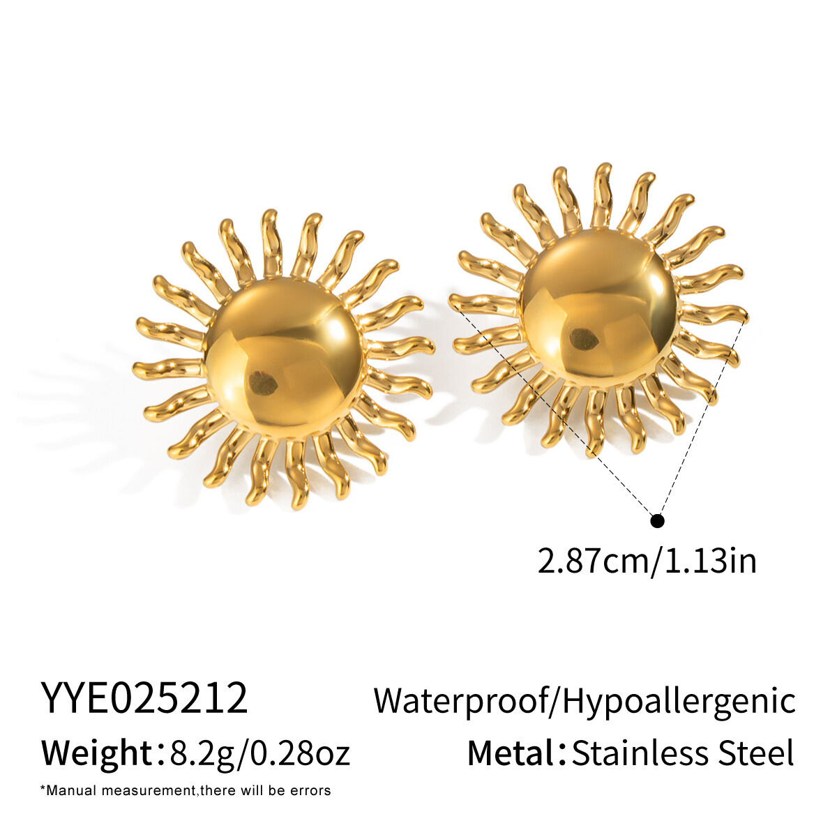 1 Pair Sun Stainless Steel Waterproof Gold Color Stud Earrings h5 